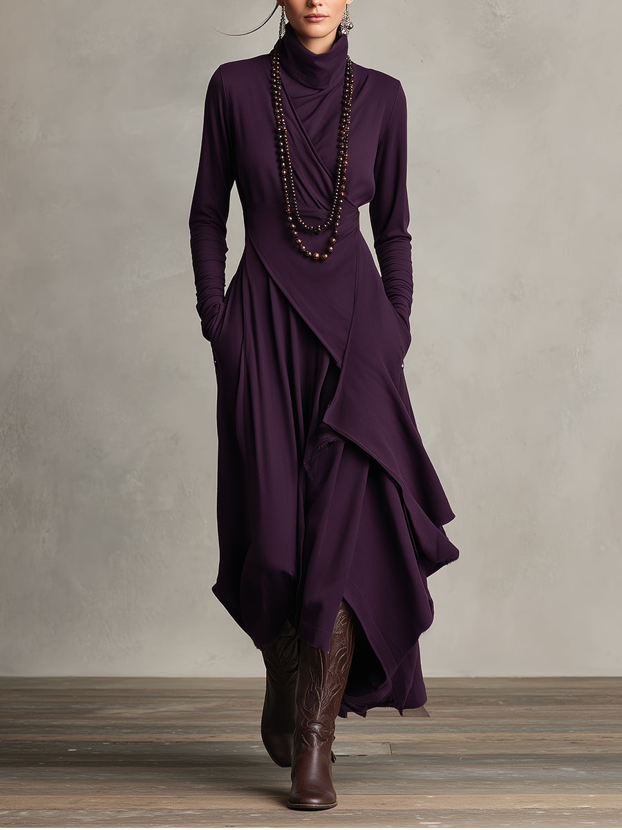 Amethysta | Vestido Largo Asimétrico Drapeado con Cuello Alto