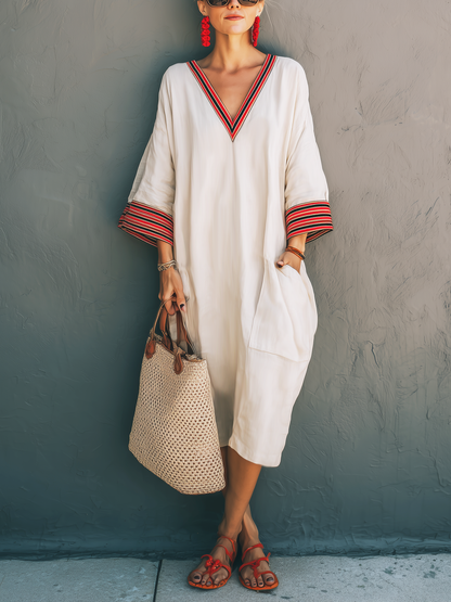 Zarel | Vestido Largo Holgado de Manga Media con Cuello en V y Bordados