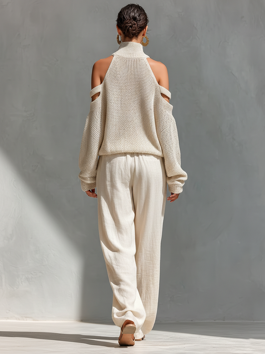 Velora | Conjunto de Punto con Cuello Alto Hombros Descubiertos y Pantalones Anchos