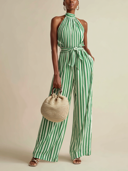 Versera | Mono Vacacional a Rayas con Cuello Halter y Pernera Ancha