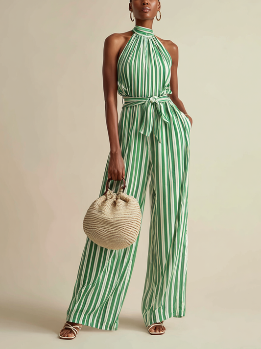 Versera | Mono Vacacional a Rayas con Cuello Halter y Pernera Ancha