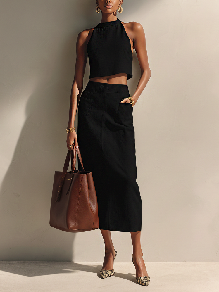 Monet | Conjunto Top Sin Mangas de Cuello Redondo y Falda Larga