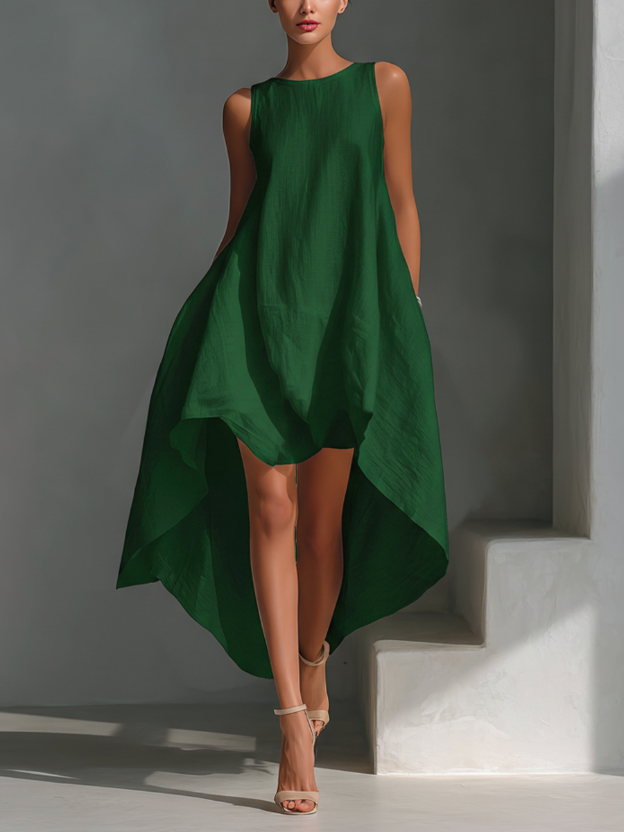 Aura | Vestido Midi de Lino Sin Mangas con Cuello Redondo y Doble Asimétrico