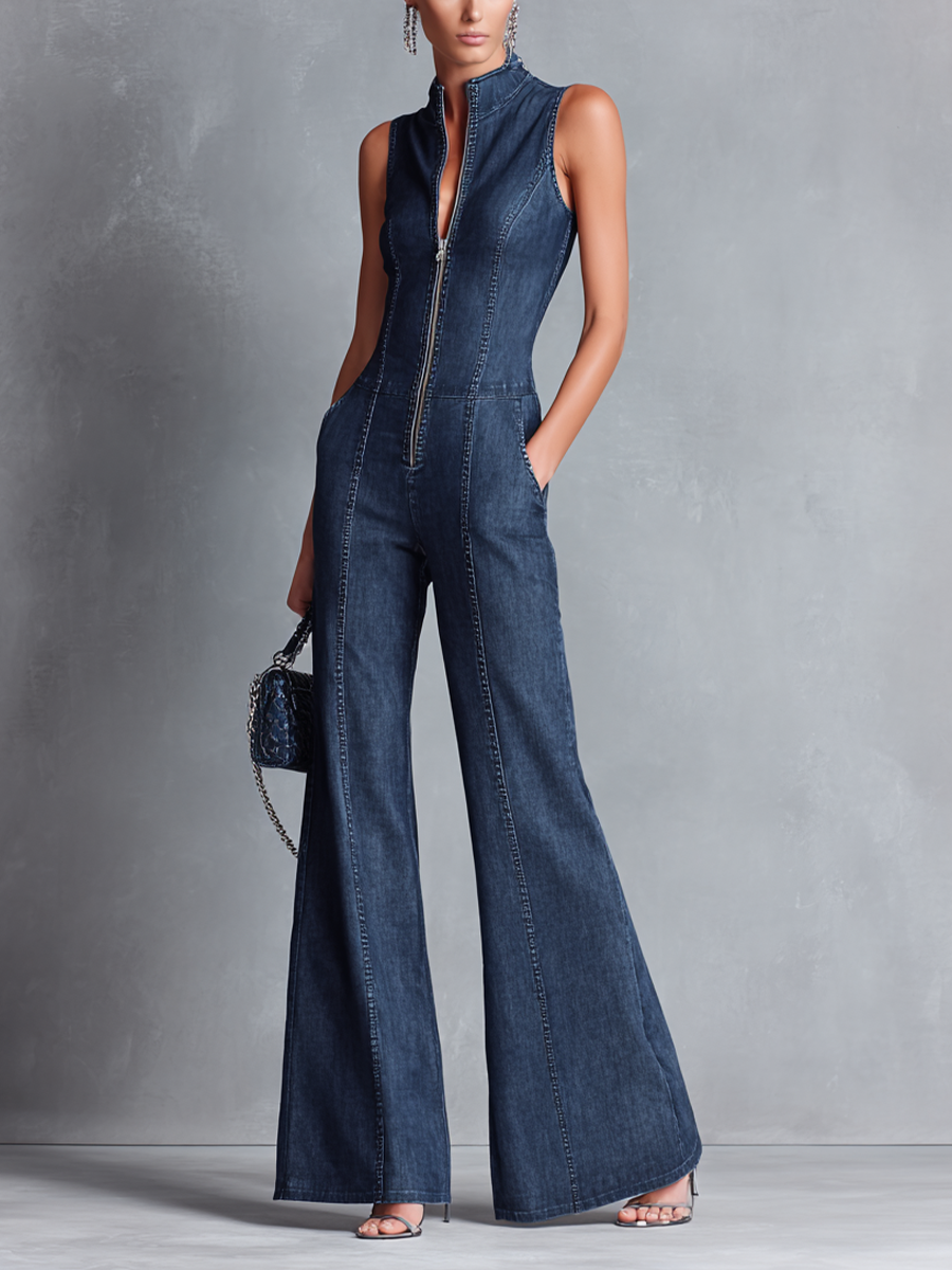 Zulea | Mono Retro Sin Mangas con Cremallera Cuello Alto y Falda Acampanada