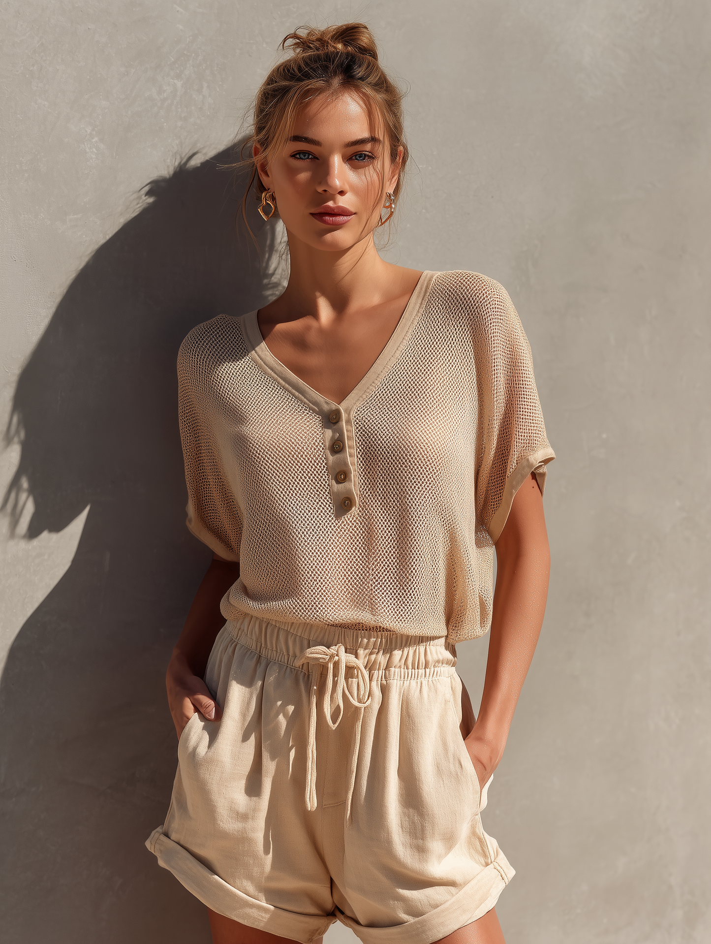 Mina | Conjunto Informal Top Manga Corta y Shorts de Lino