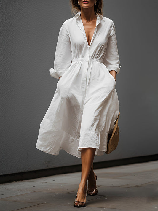 Leonora | Vestido Elegante de Lino con Cuello Camisero y Cintura Elástica