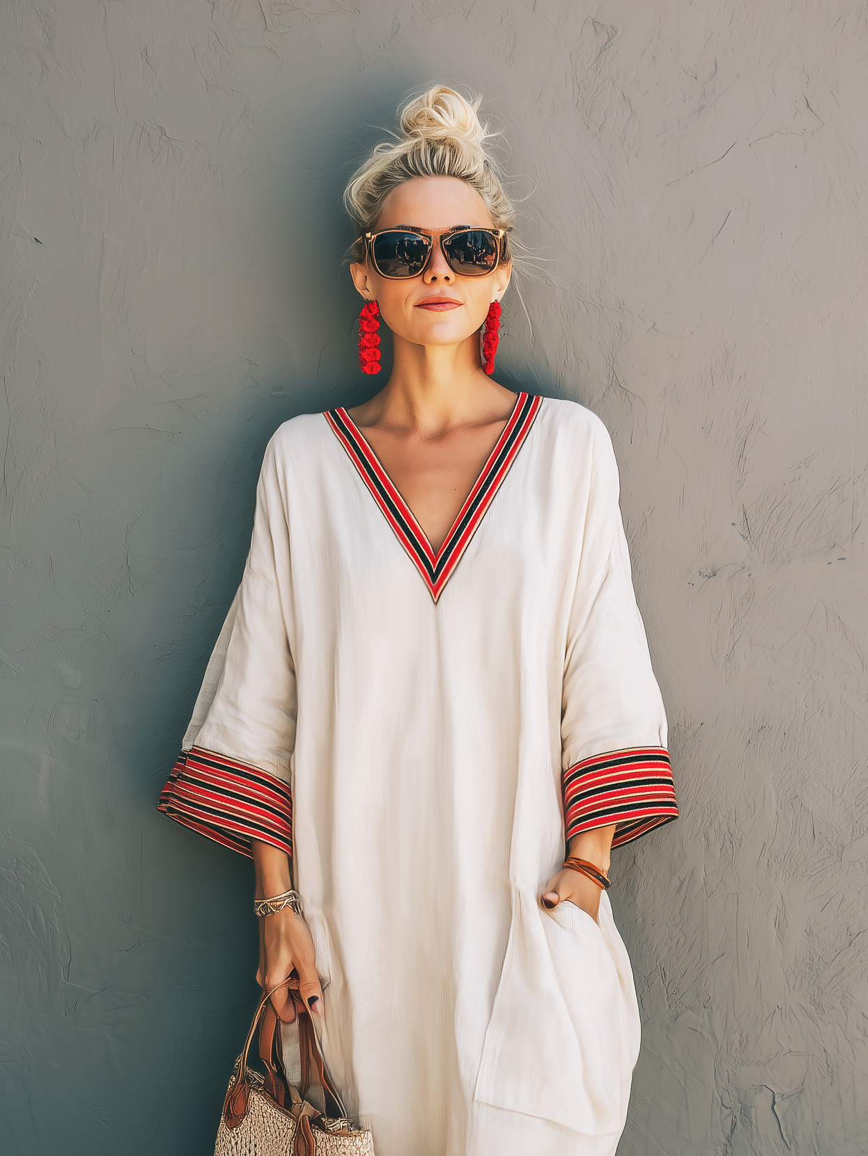 Zarel | Vestido Largo Holgado de Manga Media con Cuello en V y Bordados