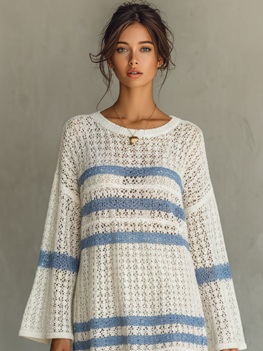 Ada | Mini Vestido de Punto Calado a Rayas Vacacional