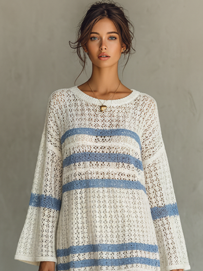 Ada | Mini Vestido de Punto Calado a Rayas Vacacional