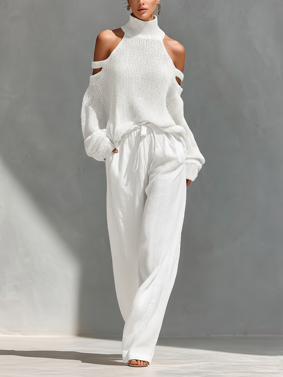 Velora | Conjunto de Punto con Cuello Alto Hombros Descubiertos y Pantalones Anchos