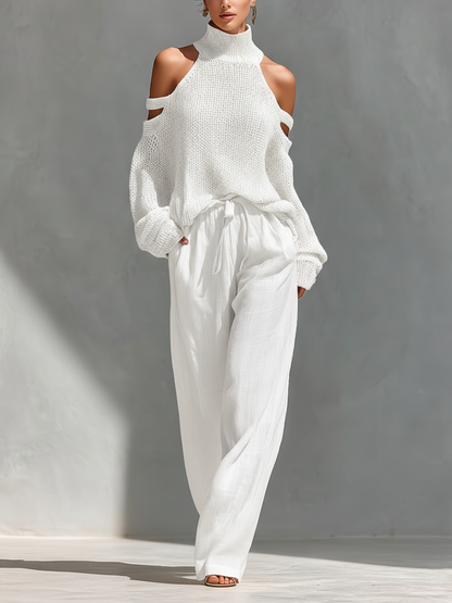 Velora | Conjunto de Punto con Cuello Alto Hombros Descubiertos y Pantalones Anchos