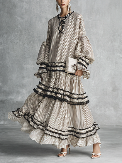 Centinela | Vestido Largo Manga Larga Volantes y Rayas Estilo Boho