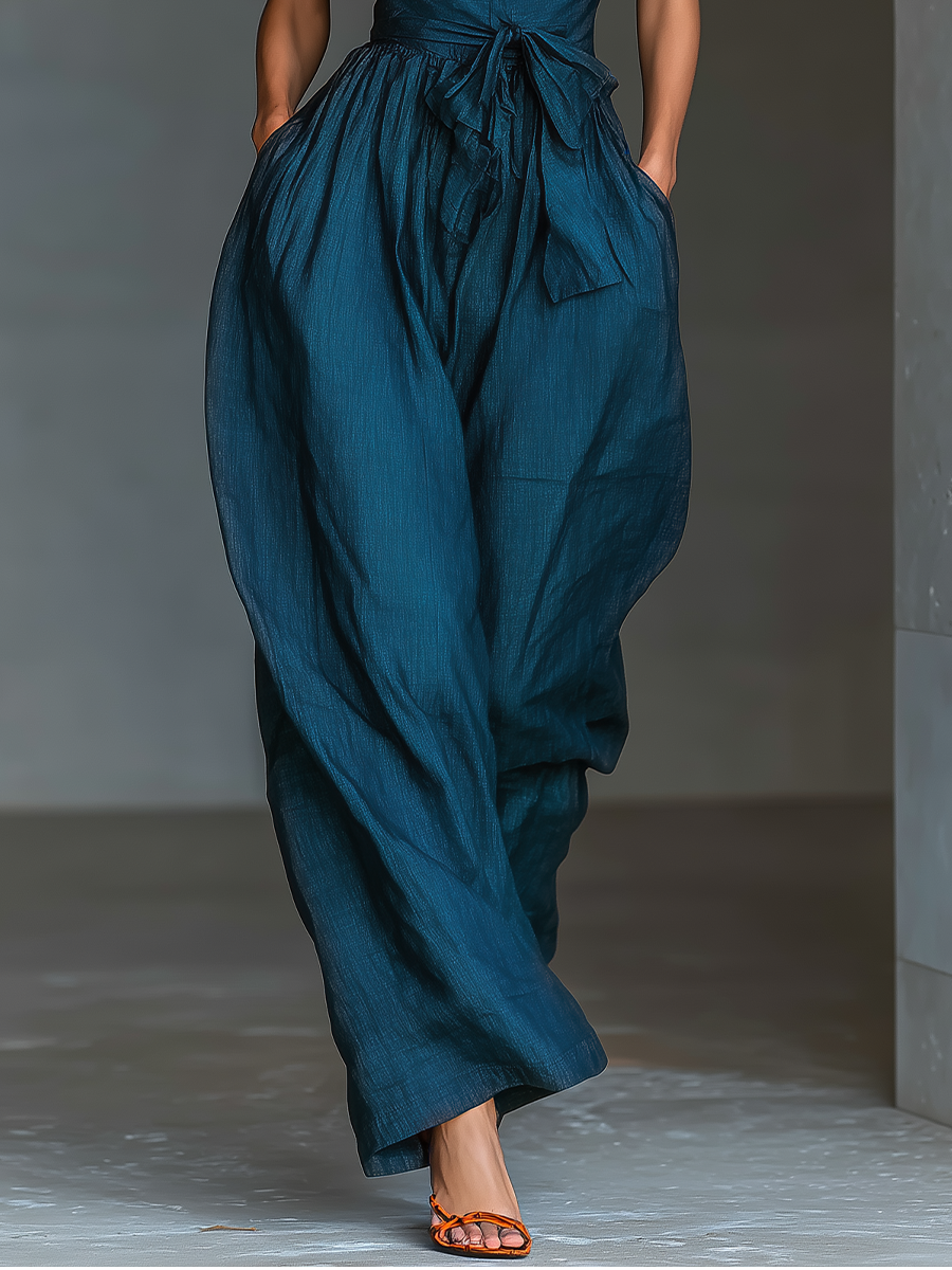 Valeska | Mono con Escote Halter Cruzado Perneras Anchas Lazo y Bolsillos