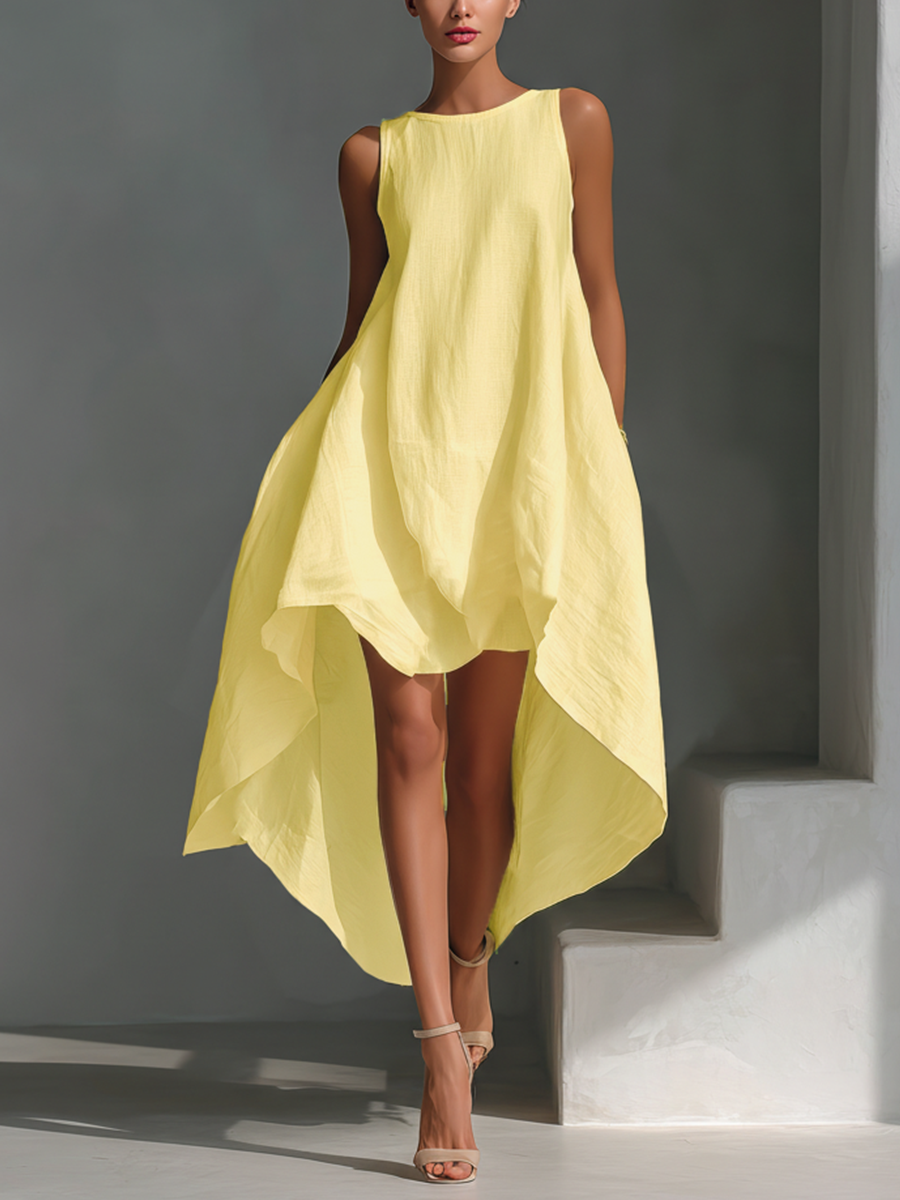 Aura | Vestido Midi de Lino Sin Mangas con Cuello Redondo y Doble Asimétrico