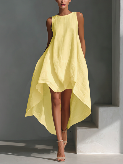 Aura | Vestido Midi de Lino Sin Mangas con Cuello Redondo y Doble Asimétrico
