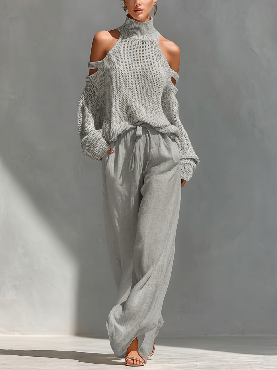 Velora | Conjunto de Punto con Cuello Alto Hombros Descubiertos y Pantalones Anchos