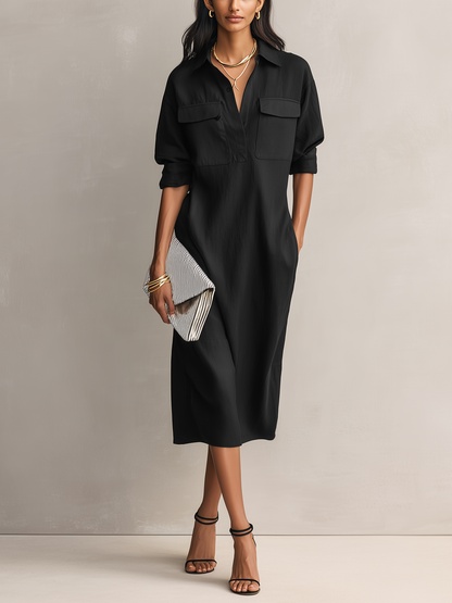 Salisa | Vestido Midi Elegante de Lino Manga Corta Cuello Camisero