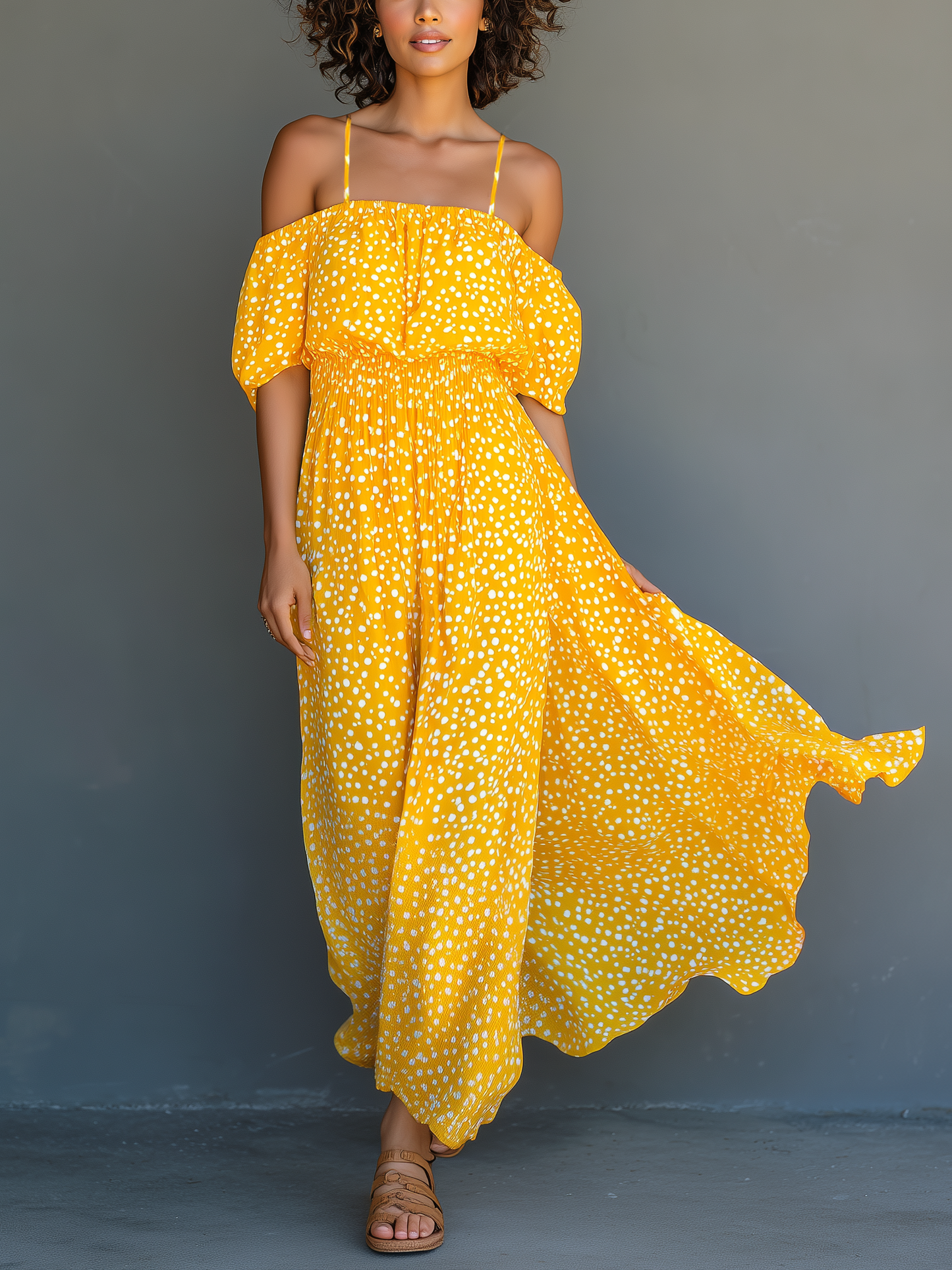 Solara | Vestido Largo Alegre de Gasa Manga Corta Tirantes