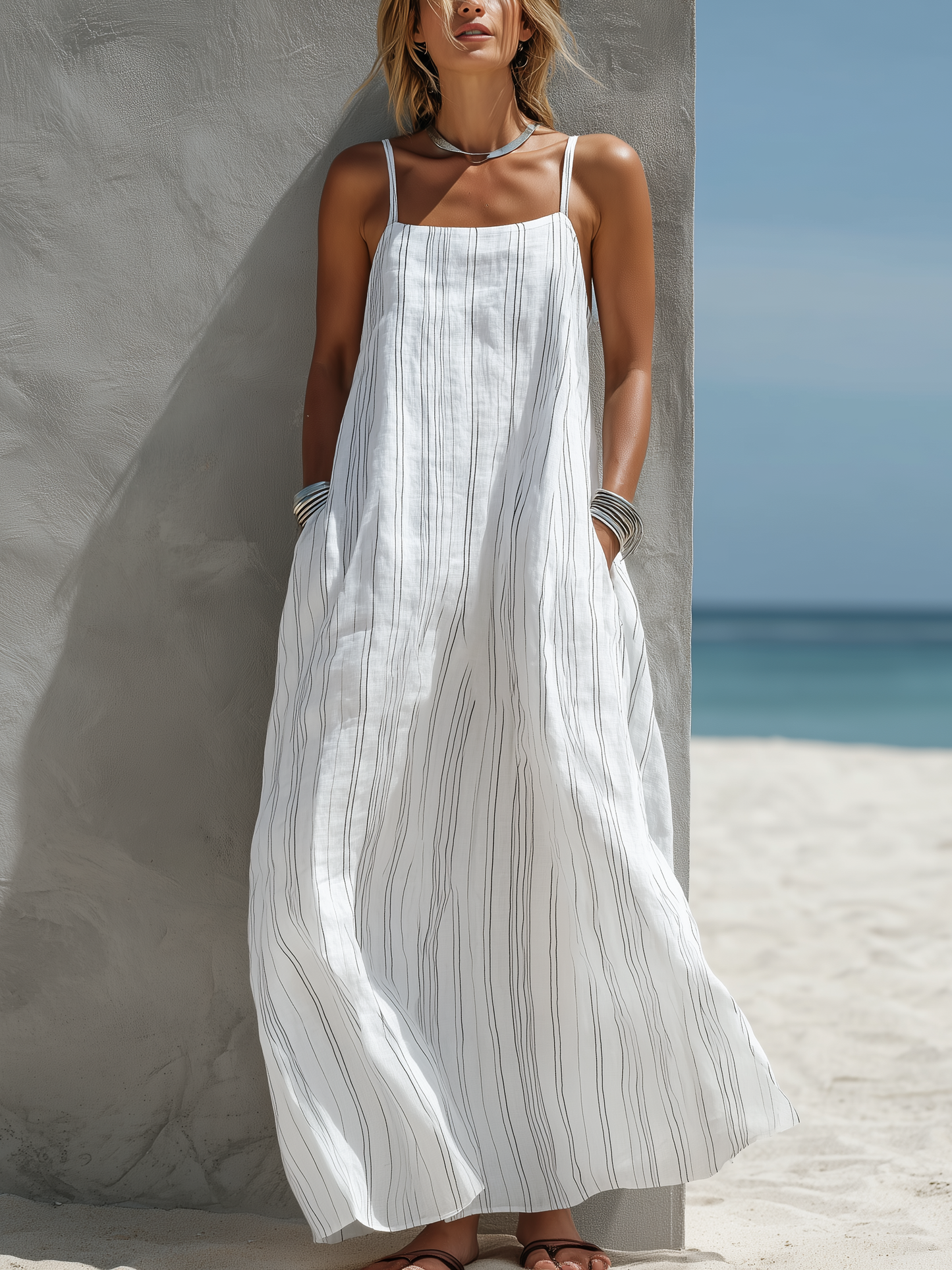 Lara | Vestido Largo Sin Mangas con Rayas Verticales
