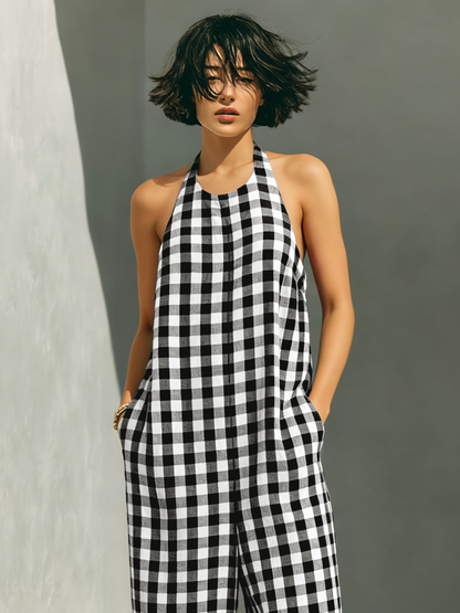 Tálora | Mono Holgado Minimalista con Cuello Halter y Estampado a Cuadros