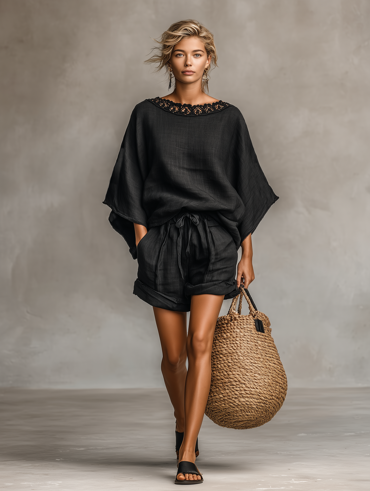 Negronis |  Conjunto Minimalista de Lino Blusa y Shorts de Encaje