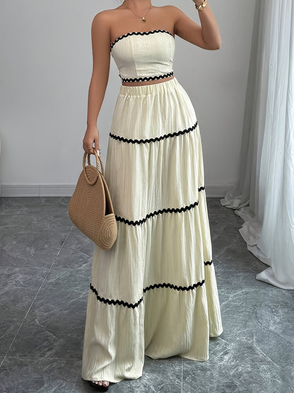 Selena | Conjunto Falda Boho Larga de Encaje a Rayas y Top Sin Mangas