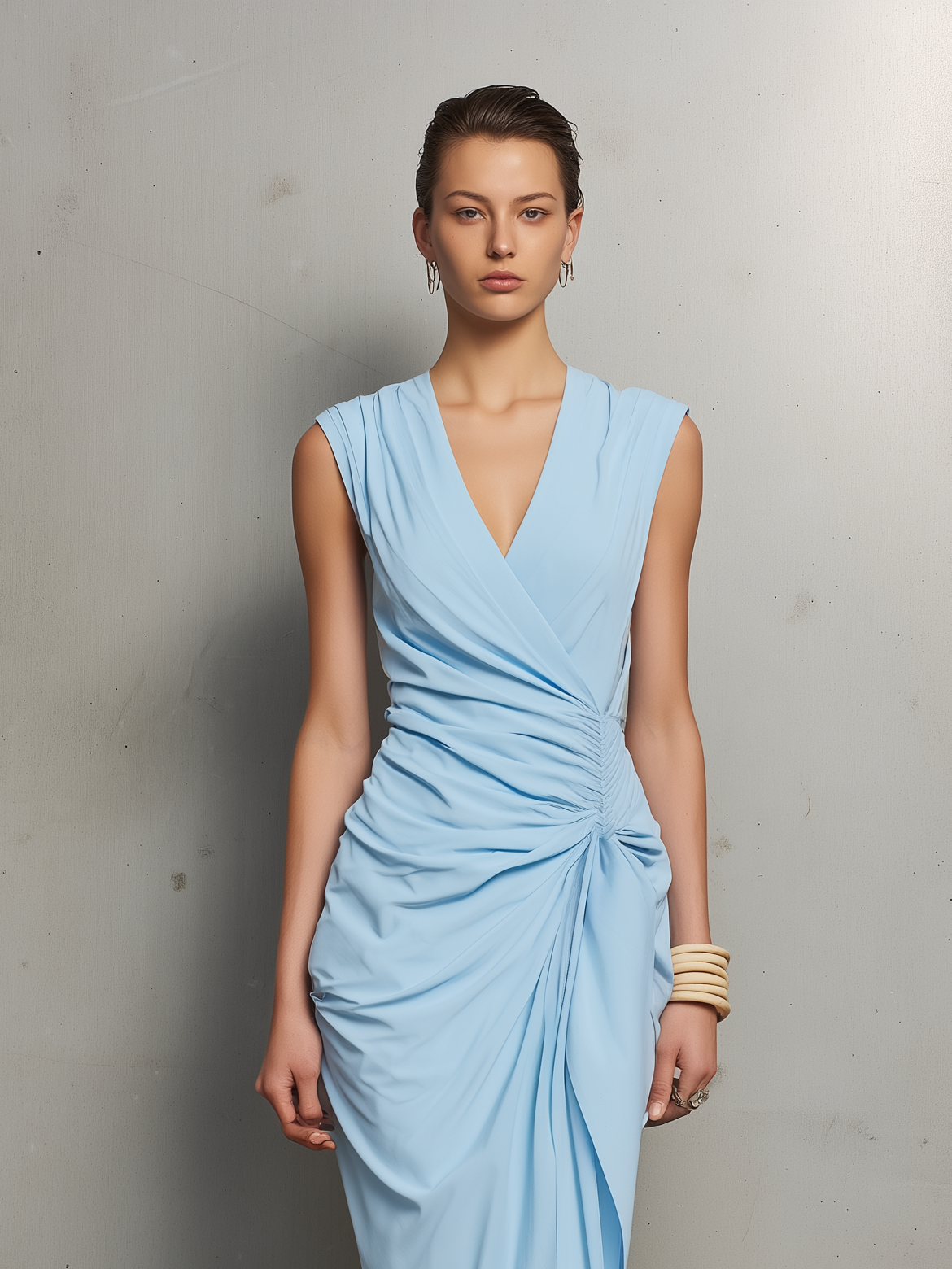 Savia | Vestido Midi Sin Mangas de Punto Elástico Azul Claro con Escote en V