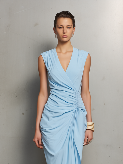 Savia | Vestido Midi Sin Mangas de Punto Elástico Azul Claro con Escote en V