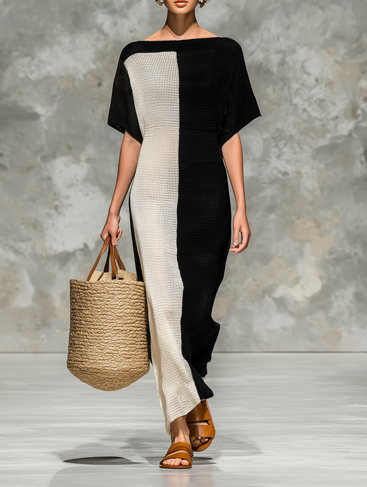 Mairen | Vestido Largo Minimalista de Punto Manga Corta Cuello Barco