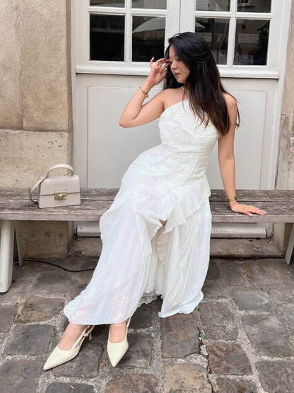 Selina | Vestido Largo Plisado Volantes Cuello Halter