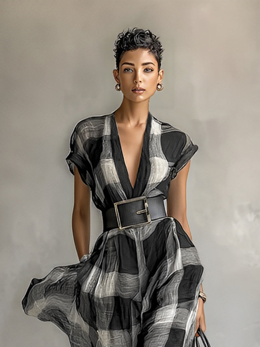 Gadealis | Vestido Largo a Cuadros Manga Corta Escote en V de Lino