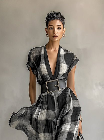 Gadealis | Vestido Largo a Cuadros Manga Corta Escote en V de Lino