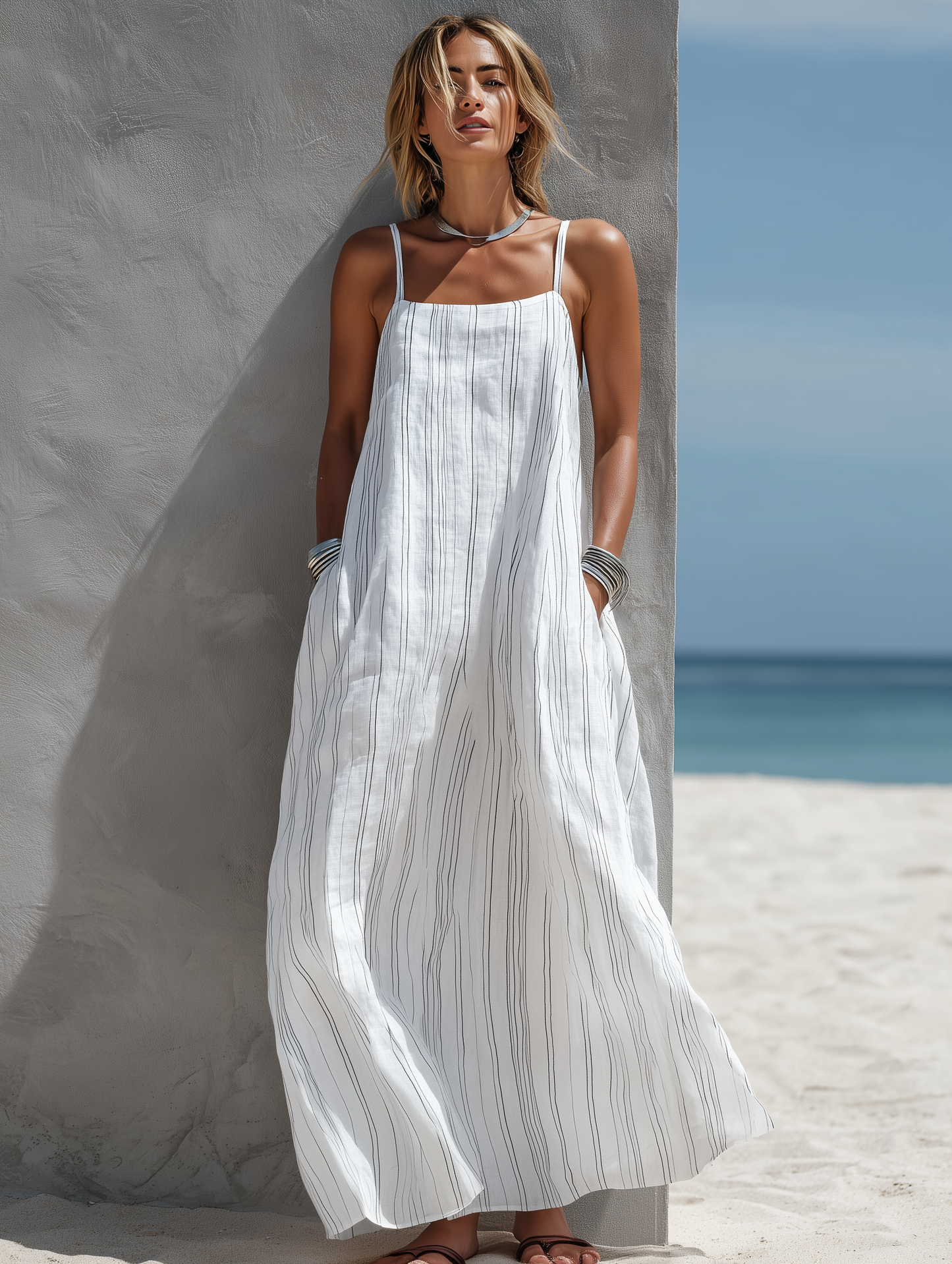 Lara | Vestido Largo Sin Mangas con Rayas Verticales