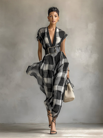 Gadealis | Vestido Largo a Cuadros Manga Corta Escote en V de Lino