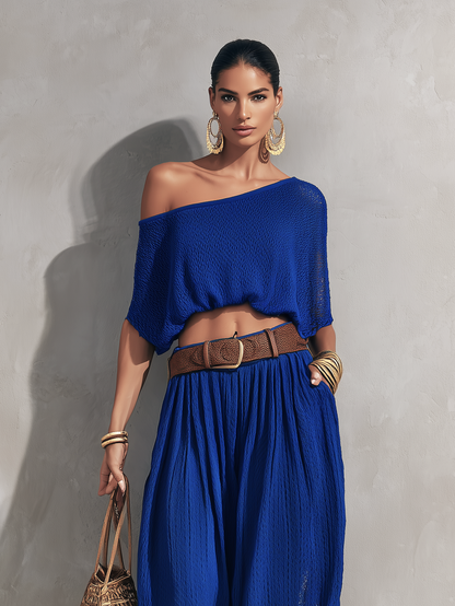 Nocte | Conjunto Brillante Top Manga Corta de Punto Calado y Pantalones