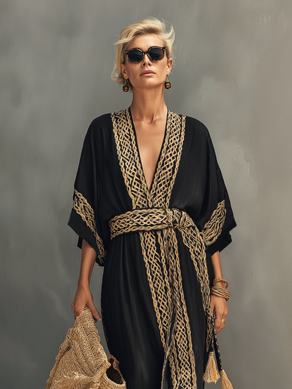 Nimara | Vestido Largo Holgado Elegante Manga Corta Cuello V