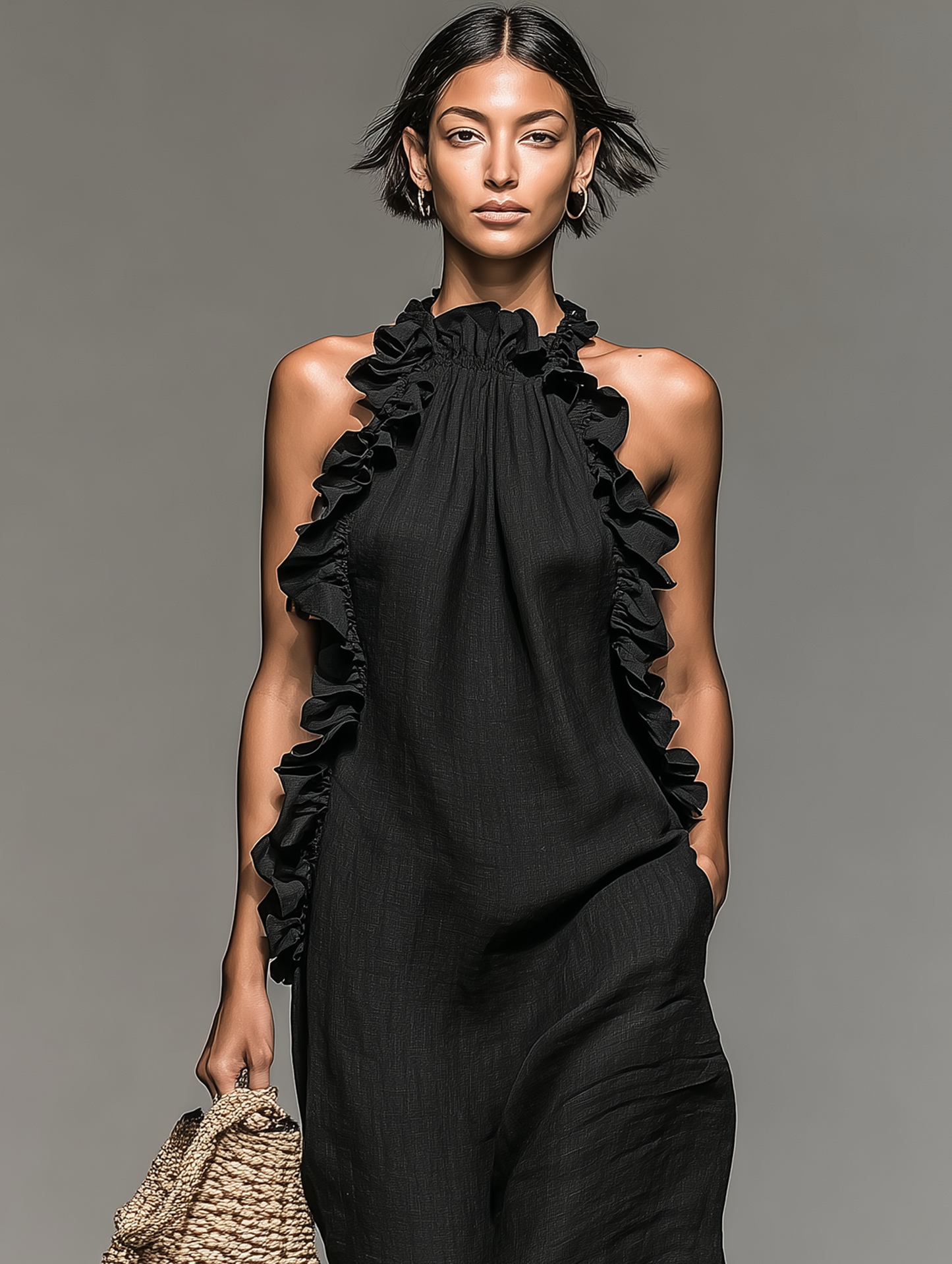 Imperia | Vestido Largo de Lino Sin Mangas Detallado con Volantes