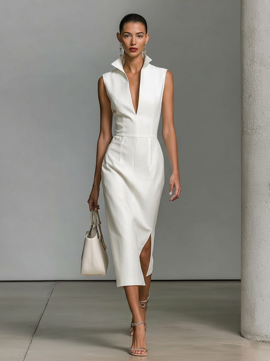 Enya | Vestido Midi de Lino Sin Mangas Cuello V en Pico