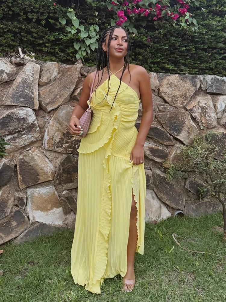 Selina | Vestido Largo Plisado Volantes Cuello Halter