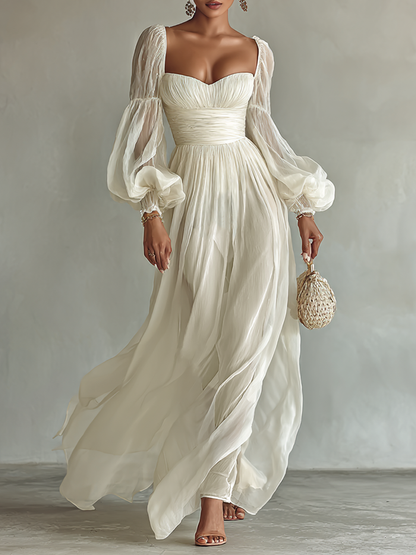 Siena | Vestido Largo de Gasa Manga Larga con Cuello Cuadrado