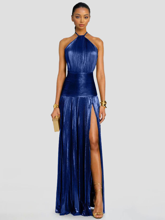 Metisa | Vestido Largo Plisado Metalizado Elegante Cuello Halter