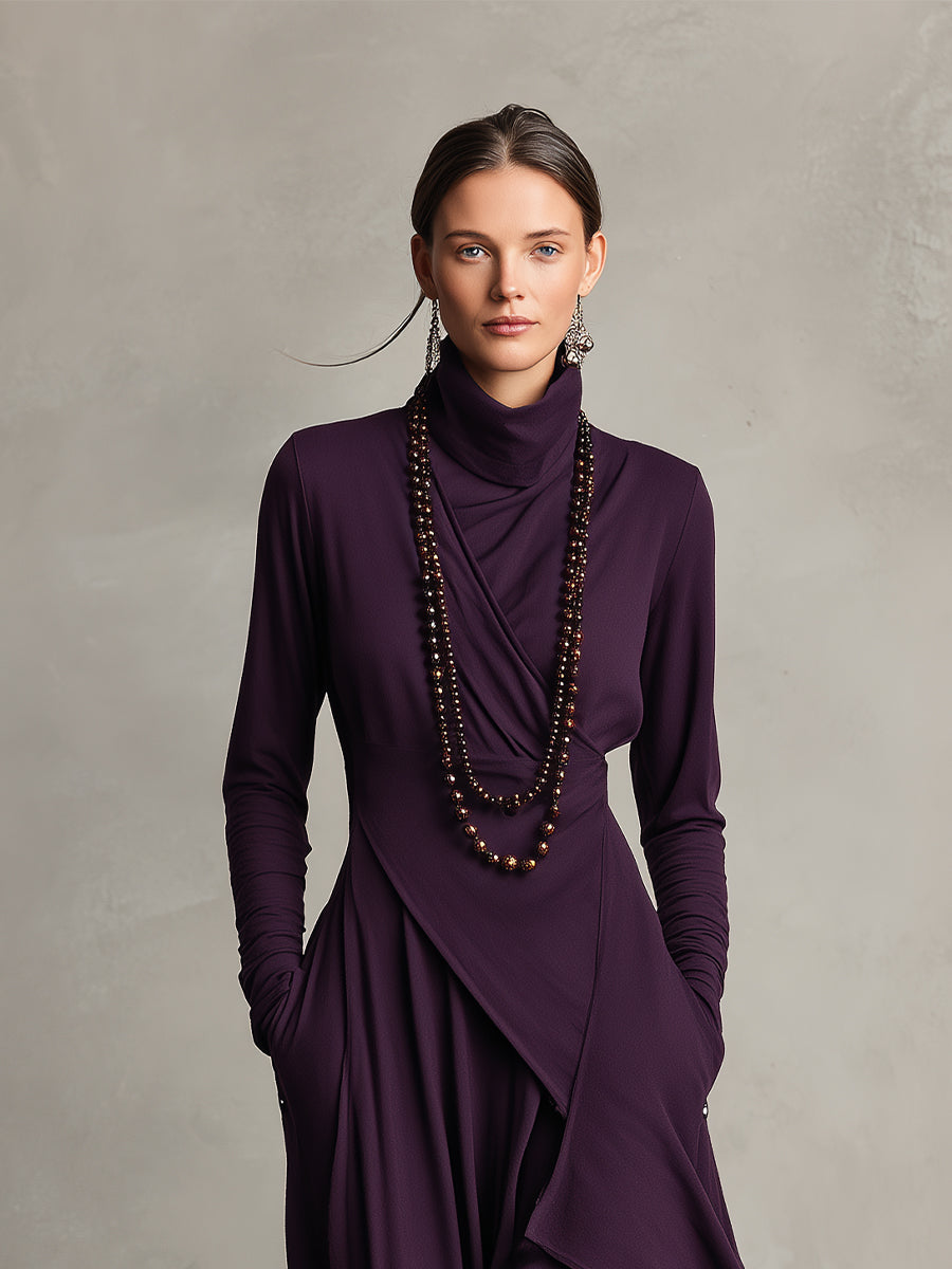Amethysta | Vestido Largo Asimétrico Drapeado con Cuello Alto