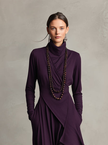 Amethysta | Vestido Largo Asimétrico Drapeado con Cuello Alto