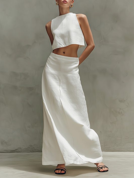 Fabiana | Conjunto Minimalista de Lino Top Corto Sin Mangas y Falda