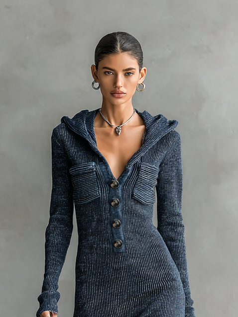 Ismara | Vestido Largo Ajustado de Punto con Capucha