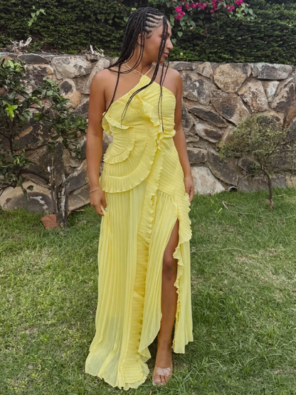 Selina | Vestido Largo Plisado Volantes Cuello Halter