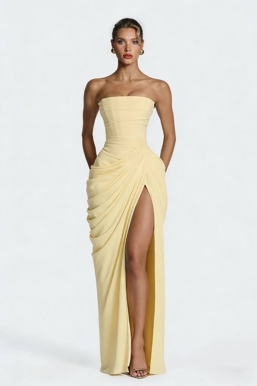 Edira | Vestido Largo Plisado Elegante con Abertura Sin Tirantes