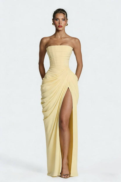 Edira | Vestido Largo Plisado Elegante con Abertura Sin Tirantes