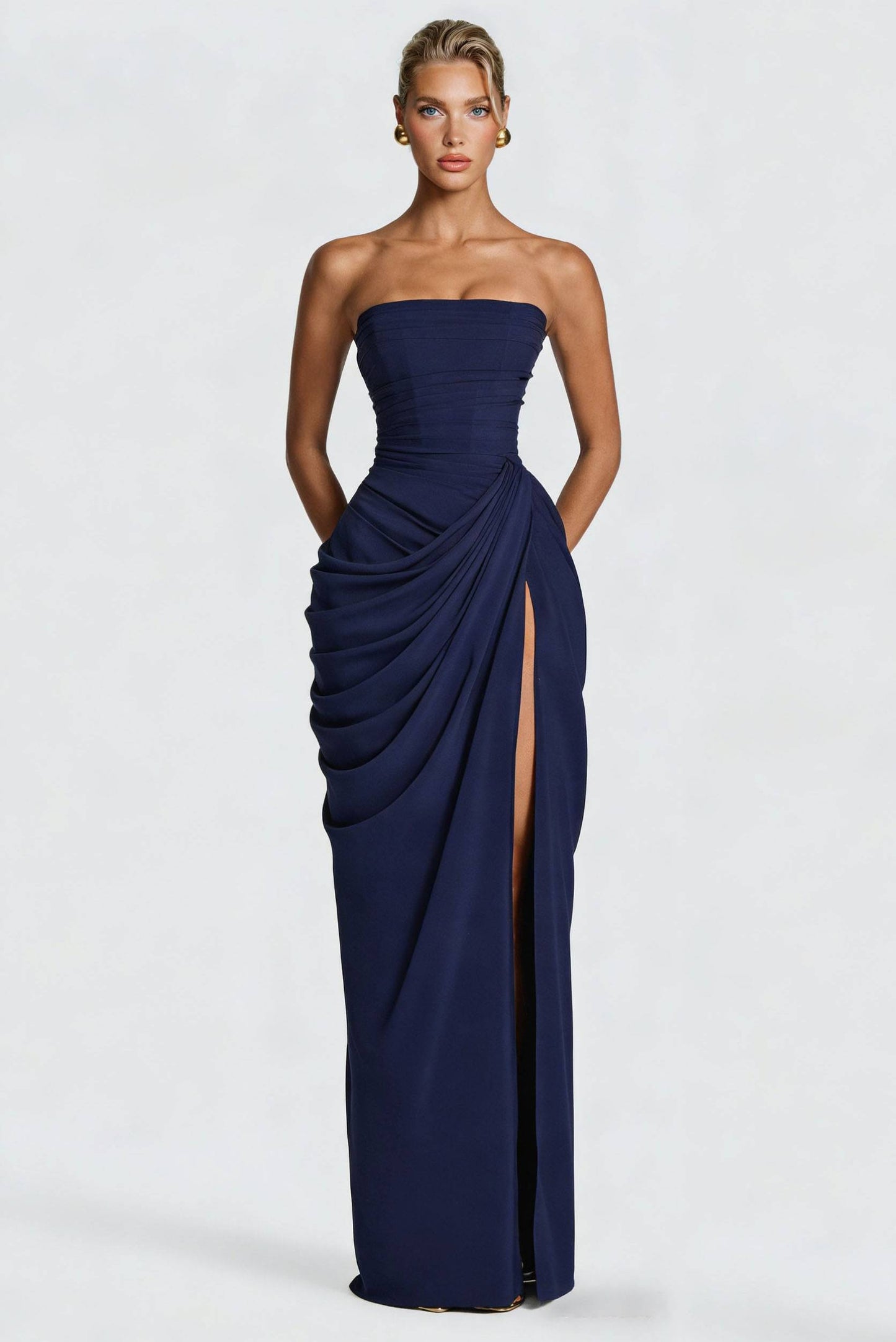 Edira | Vestido Largo Plisado Elegante con Abertura Sin Tirantes