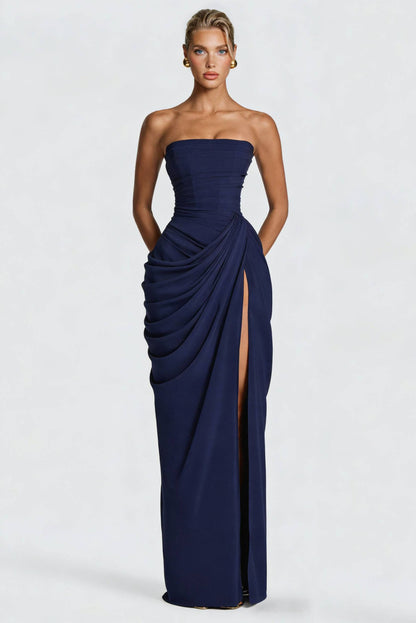 Edira | Vestido Largo Plisado Elegante con Abertura Sin Tirantes